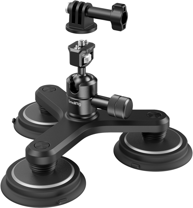 SmallRig 4468 Triple Magnetic Suction Cup Mounting Support Kit for Action Cameras -kiinnityssarjassa on säädettävät varret ja ruuvikiinnitys, joiden avulla voit kiinnittää kamerat tai lisävarusteet turvallisesti tasaisille pinnoille.