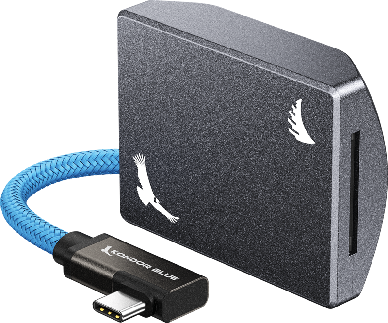 A harmaa ANGELBIRD Kondor Blue SD Recording Module -muistikortinlukija, jossa näkyy kaksi valkoista lintukuviota, musta runko ja sininen punottu USB-C-kaapeli sekä sivulla SD-korttipaikka.