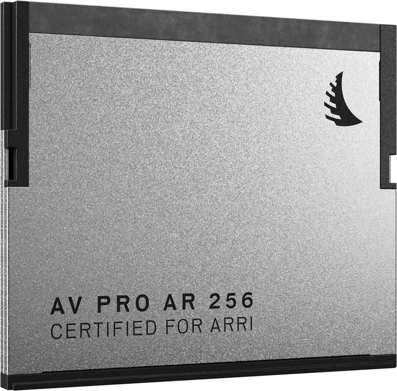 Close-up of the ANGELBIRD ARRI AV PRO AR CFast 2.0 256GB card with silver metallic finish, black border and bird logo in the top right corner. The text reads AV PRO AR 256 CERTIFIED FOR ARRI.