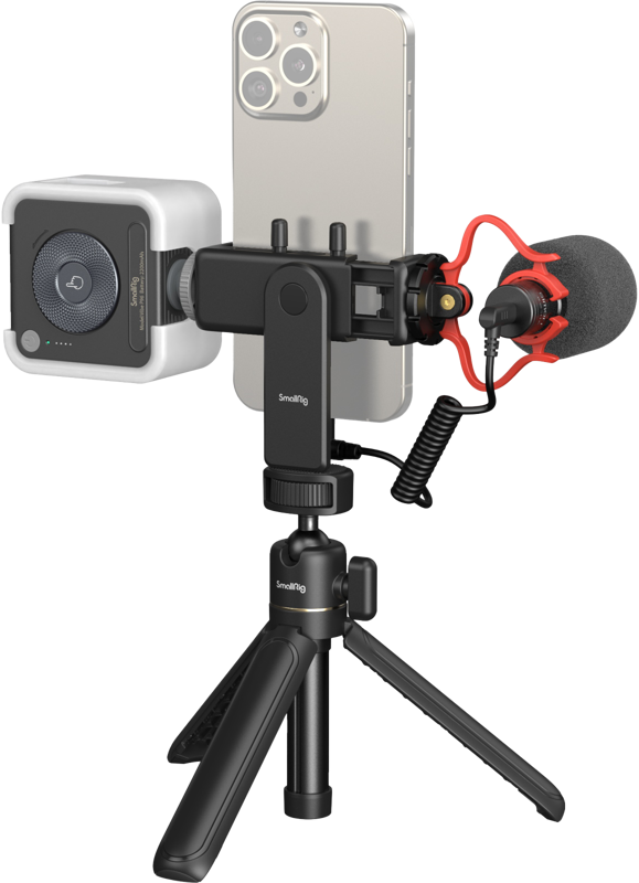 SmallRig 4369 Smartphone Vlog Tripod Kit VK-50 Advanced Version tarjoaa kompaktin videoasennuksen, jossa on älypuhelimen kiinnike, jalusta, ulkoinen mikrofoni ja LED-valo laadukasta tallennusta varten.