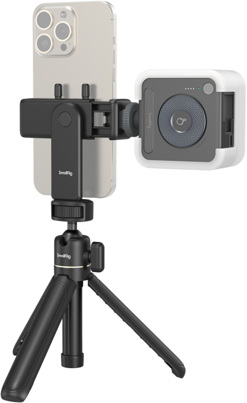 A smartphone mounted on a tripod with an LED light panel, all supported by the compact, black SmallRig 4367 Smartphone Vlog Tripod Kit VK-30 Advanced Version.