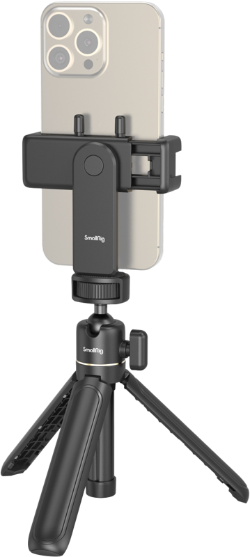 A smartphone mounted on the black SmallRig 4364 Smartphone Vlog Tripod Kit VK-20 Advanced Version with adjustable feet and phone holder, shown against a light background.
