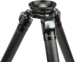 Close-up of a black tripod with blue accents, featuring a Sirui RX-100A adapter bowl, a built-in bubble level and its three-legged top.