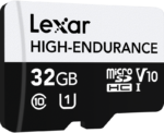 Lexar microSDXC High-Endurance UHS-I/U3/10 -muistikortti (V30), kapasiteetti 32 Gt, lukunopeus jopa 100 Mt/s ja kirjoitusnopeus jopa 35 Mt/s, tyylikäs mustavalkoinen muotoilu.