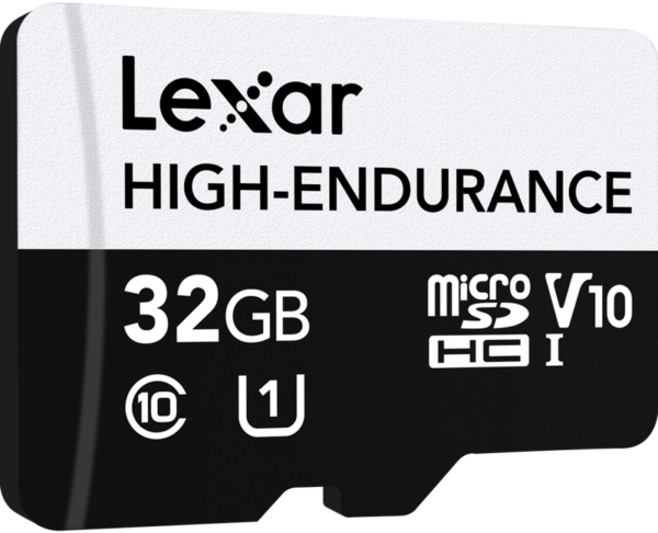 Lexar microSDXC High-Endurance UHS-I/U3/10 -muistikortti (V30), kapasiteetti 32 Gt, lukunopeus jopa 100 Mt/s ja kirjoitusnopeus jopa 35 Mt/s, tyylikäs mustavalkoinen muotoilu.