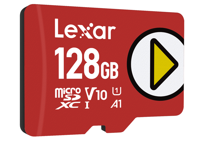 Lexar microSDXC PLAY UHS-I/A1/U1 128 Gt:n kortti, jossa on punainen väri, valkoinen teksti, V10-merkintä ja suuri valkoinen ympyrä, jonka oikealla puolella on keltainen toistopainikkeen kuvake.