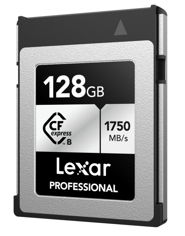 Lexar CFexpress Pro Silver Serie R1750/W1300 128GB -muistikortti, joka tarjoaa jopa 1750 MB/s nopeuden, on kuvassa tavallista taustaa vasten.