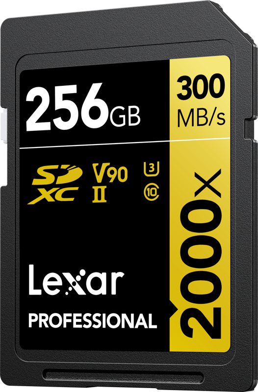 Close-up of the Lexar Pro 2000X SDHC/SDXC UHS-II U3 (V90) 256GB memory card with R300/W260 speeds and black and yellow design.