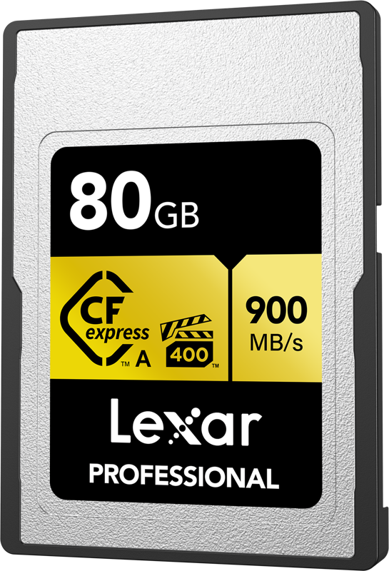 800q-02_120865 The Lexar CFexpress Pro Gold R900/W800 VPG400 Type-A 80GB memory card features up to 900MB/s read and 800MB/s write speeds, VPG400 rating and black, white and yellow design.