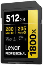 800q-02_120867 Lexar Pro 1800x SDXC U3 (V60) UHS-II -muistikortti tarjoaa 512 Gt tallennustilaa, lukunopeus on 280 MB/s, kirjoitusnopeus 210 MB/s ja siinä on V60-, U3- ja SDXC II -logot.