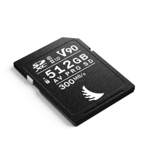 The black ANGELBIRD 512GB AV Pro Mk 2 V90 UHS-II SDXC memory card with a speed rating of 300 MB/s has a white background.
