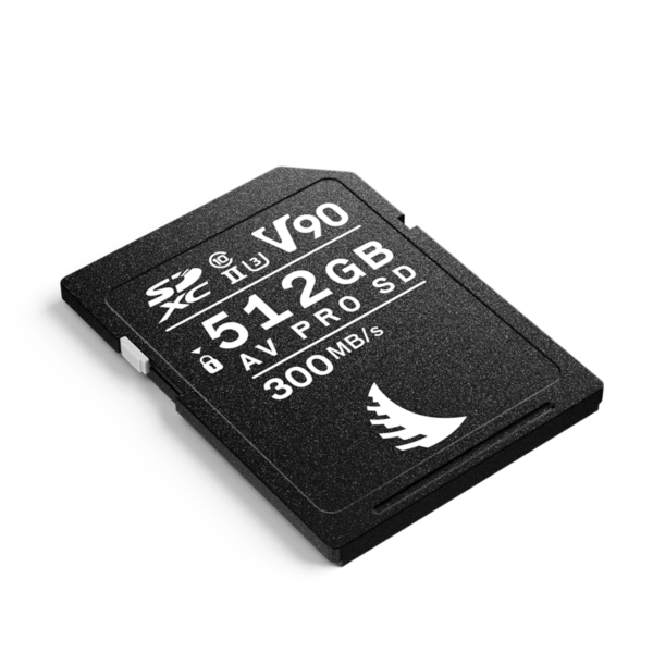 The black ANGELBIRD 512GB AV Pro Mk 2 V90 UHS-II SDXC memory card with a speed rating of 300 MB/s has a white background.