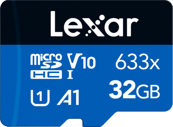 Lexar 633X microSDHC/SDXC (V30) R100 32GB -muistikortissa on 32GB kapasiteetti, V30-nopeus ja sinimusta muotoilu, jossa on merkinnät 633x, V10, A1, U1 ja microSDHC I.