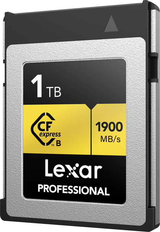 The Lexar CFexpress Pro Gold R1900/W1500 1TB memory card offers 1TB capacity and speeds up to 1900 MB/s, silver and black design and gold accents.