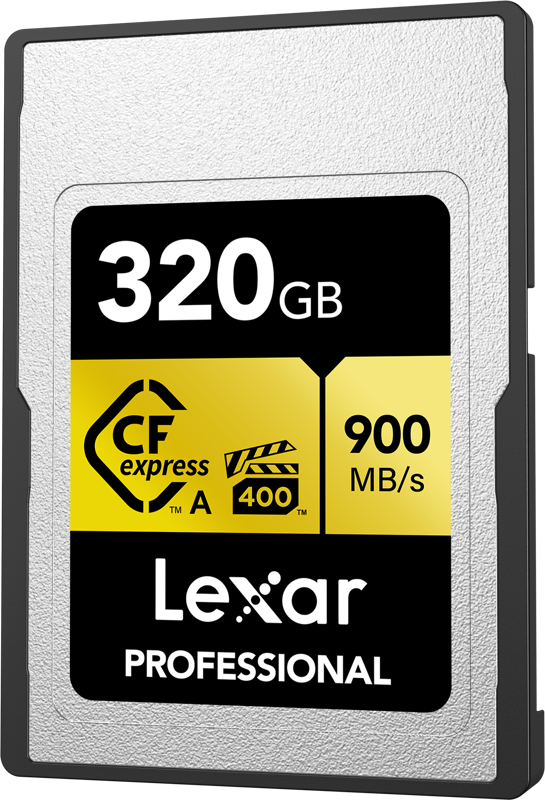 Kuvassa on Lexar CFexpress Pro Gold R900/W800 - VPG400 Type-A 320GB -muistikortti lähikuvassa, jossa korostuu sen 320GB:n kapasiteetti ja musta, hopeinen ja keltainen etiketti.