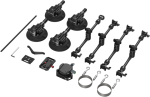 The SmallRig 3565 All-in-One 4-Stem Suction Cup Camera Mount Kit (SC-15K) is shown in white and includes suction cups, adjustable arms, clamps, screws, rods, mounting plates and camera support accessories for vehicle photography.