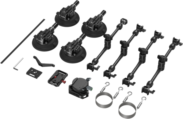 The SmallRig 3565 All-in-One 4-Stem Suction Cup Camera Mount Kit (SC-15K) is shown in white and includes suction cups, adjustable arms, clamps, screws, rods, mounting plates and camera support accessories for vehicle photography.