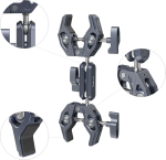Lähikuva tummanharmaasta SmallRig 4103 Super Clamp -puristimesta, jossa on kaksinkertaiset ravunmuotoiset puristimet ja jossa on kuvioidut tartuntapinnat, pyörivät nupit ja kolme pyöreää inserttiä, jotka korostavat sen yksityiskohtaisia mekanismeja.