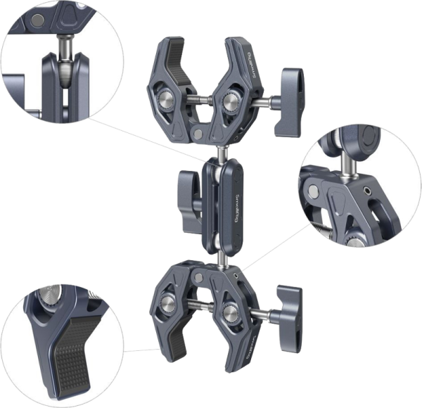 Lähikuva tummanharmaasta SmallRig 4103 Super Clamp -puristimesta, jossa on kaksinkertaiset ravunmuotoiset puristimet ja jossa on kuvioidut tartuntapinnat, pyörivät nupit ja kolme pyöreää inserttiä, jotka korostavat sen yksityiskohtaisia mekanismeja.