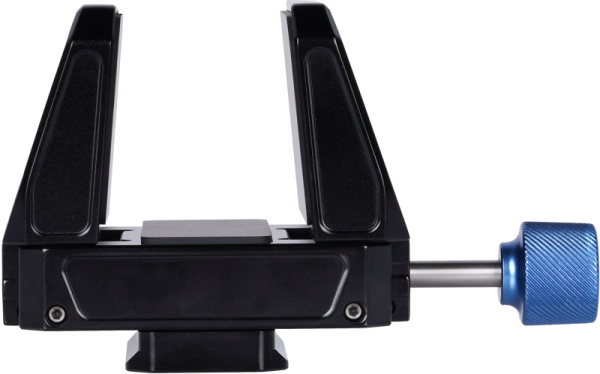 The Sirui Universal Gun-Clamp GC-1 is a black metal device with two upward-facing arms and a blue knob on the right, shown against a white background.