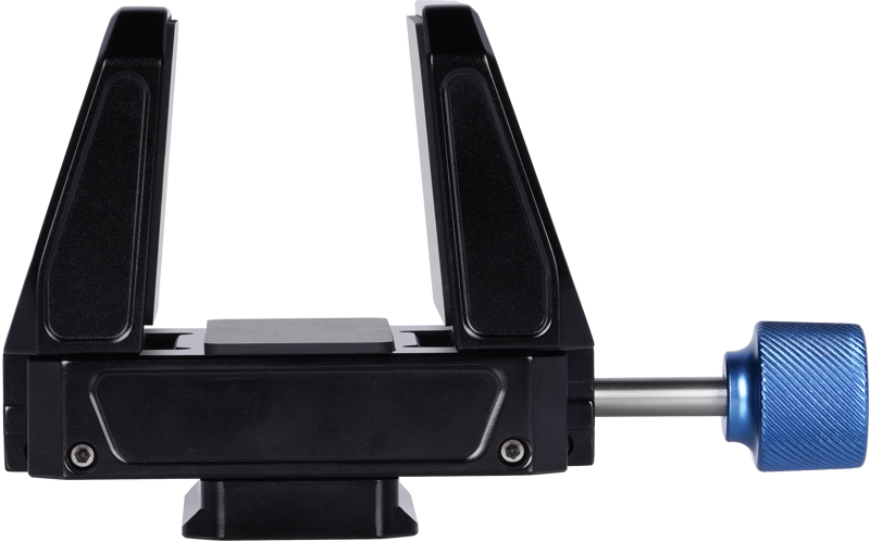 The Sirui Universal Gun-Clamp GC-1 is a black metal device with two upward-facing arms and a blue knob on the right, shown against a white background.