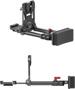 SmallRig 4063 V-Mount Battery Mount Plate Kit (Advanced) näkyy kahdesta näkökulmasta: kolmen neljäsosan yläkuvasta ja sivuprofiilista, jossa korostuvat sen pehmustettu olkatuki ja säätönupit.