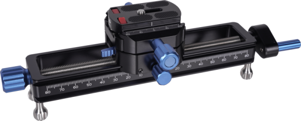 The Sirui Macro Focusing Rail MS18 is a black and blue metal rail with metering markings, adjustment knobs and a camera mounting plate designed for precise camera positioning in photography.
