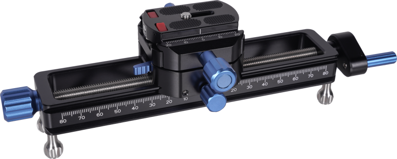The Sirui Macro Focusing Rail MS18 is a black and blue metal rail with metering markings, adjustment knobs and a camera mounting plate designed for precise camera positioning in photography.