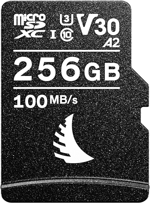 800q-02_123932 ANGELBIRD microSD AV PRO (V30) 256GB on musta microSDXC-kortti, jossa on valkoinen teksti, 256GB kapasiteetti, 100MB/s nopeus, U3-, V30- ja A2-suorituskykyluokkien kuvakkeet sekä purjeen muotoinen logo.