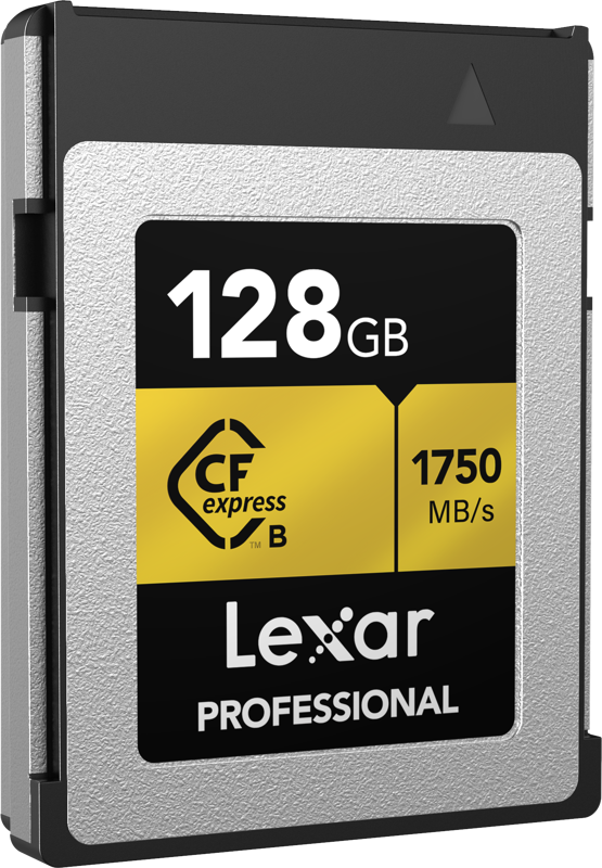 Lexar CFexpress Pro Gold R1900/W1500 128GB -muistikortti tarjoaa nopeat, jopa 1900 MB/s nopeudet ja tyylikkään hopean ja kullan värisen muotoilun.