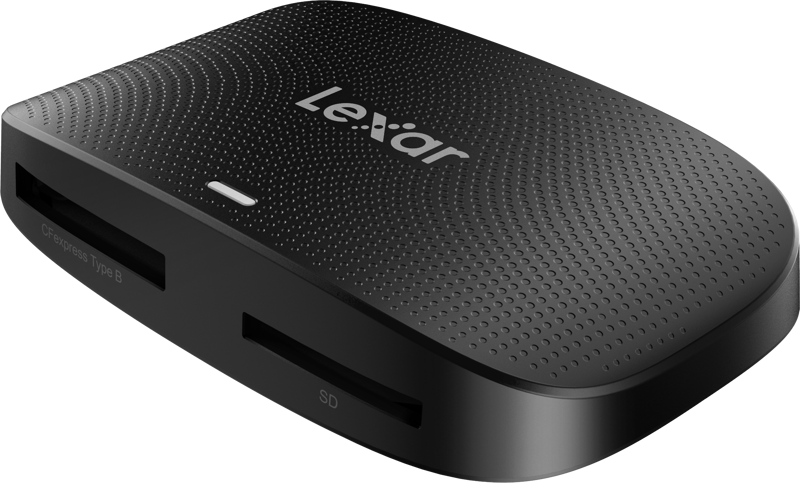 Musta Lexar Cardreader CFExpress Type B/SD UHS-II USB 3.2 Gen2 -muistikortinlukija, jossa on kuvioitu pinta, jossa näkyy SD- ja CFexpress Type B -paikat vinossa valkoisella pohjalla.