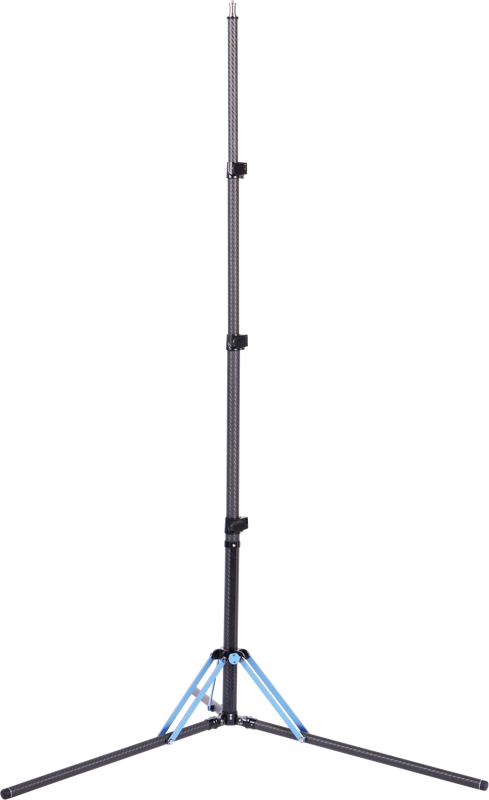 The Sirui Light Stand DK-18 Carbon Fiber Air-Cushioned is a black, lightweight tripod tripod with three extended legs and blue support bars, shown upright against a white background.