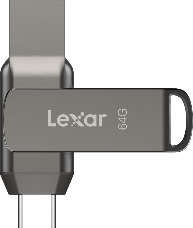 Close-up of the Lexar Jumpdrive Dual Drive D400 Type-C / Type-C & Type-A 64GB flash drive, highlighted by a swivel metal cover with branding and storage capacity printed on the side.
