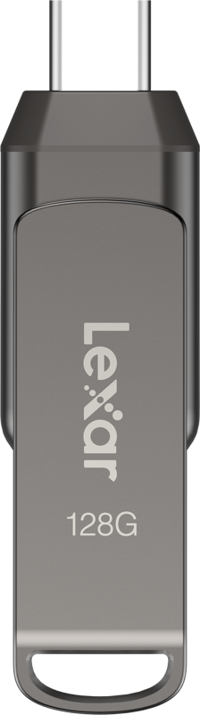 A close-up of the Lexar Jumpdrive Dual Drive D400 shows its metallic finish, and the Type-C/Type-A USB flash drive's Type-C label and 128GB capacity are visible.