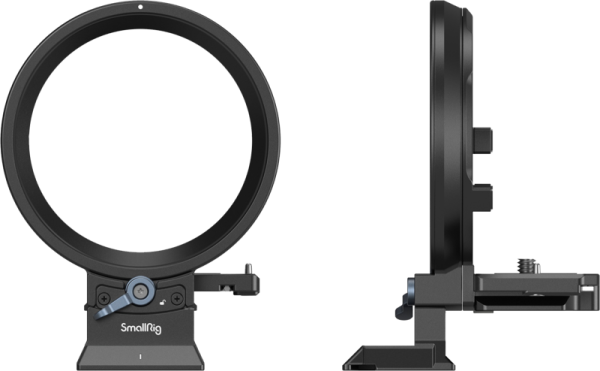Etu- ja sivukuvat SmallRig 4300 Rotatable Horizontal to Vertical Mount Plate Kit -levysarjasta Canon EOS R -sarjan kameroille, jossa on merkittyjä säätönuppeja ja tukeva jalusta.