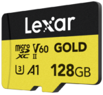 Lexar microSDXC GOLD UHS-II/C10/A1/U3 -muistikortti (V60), 128 Gt, musta ja kultainen muotoilu, R280/W100-nopeudet.