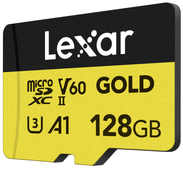 Lexar microSDXC GOLD UHS-II/C10/A1/U3 -muistikortti (V60), 128 Gt, musta ja kultainen muotoilu, R280/W100-nopeudet.