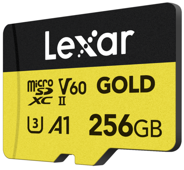 Lexar microSDXC GOLD UHS-II/C10/A1/U3 (V60) 256 Gt:n muistikortti, jossa on kultainen ja musta muotoilu ja joka tarjoaa R280/W100-nopeuden.