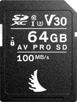 ANGELBIRD SD AV PRO SDXC UHS-I R100/W52 (V30) - 64GB on musta SDXC-muistikortti, jossa on "64GB AV PRO SD" -merkintä, 100MB/s lukunopeus, V30-, U3- ja Class 10 -symbolit sekä valkoinen logo pohjassa.