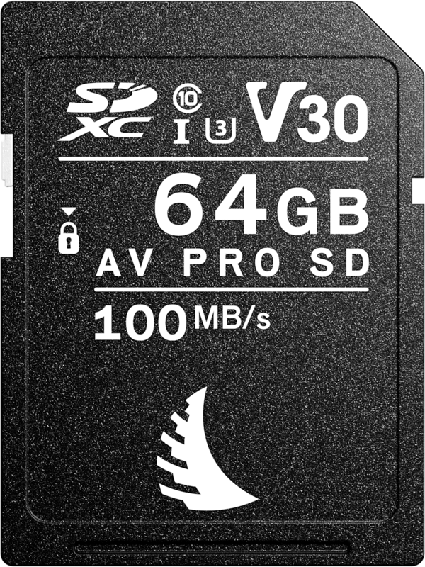 ANGELBIRD SD AV PRO SDXC UHS-I R100/W52 (V30) - 64GB on musta SDXC-muistikortti, jossa on "64GB AV PRO SD" -merkintä, 100MB/s lukunopeus, V30-, U3- ja Class 10 -symbolit sekä valkoinen logo pohjassa.