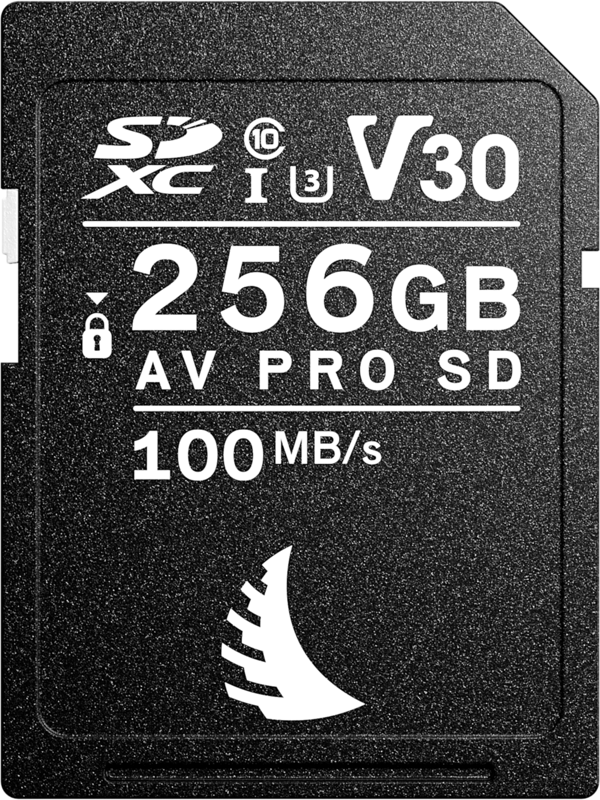 800q-02_126490 Black ANGELBIRD SD AV PRO SDXC UHS-I 256GB memory card with R100/W92 MB/s speed, V30, U3 and Class 10 icons and white logo on the bottom.
