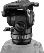 Close-up of the SmallRig 4287 Professional Video Head PH8, showing its control knobs and marked tilt, pan and counterbalance controls, mounted on a tripod.