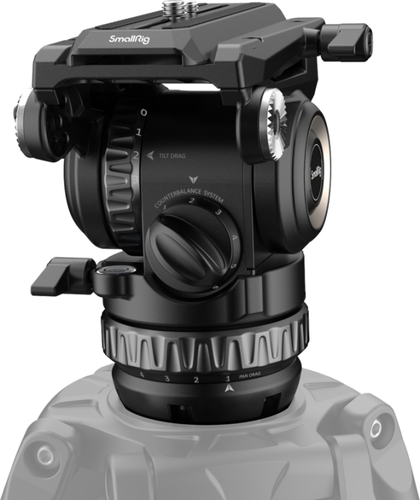 Close-up of the SmallRig 4287 Professional Video Head PH8, showing its control knobs and marked tilt, pan and counterbalance controls, mounted on a tripod.