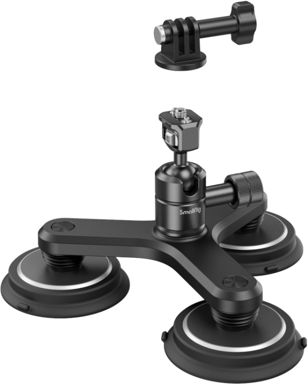 SmallRig 4468 Triple Magnetic Suction Cup Mounting Support Kit for Action Cameras on musta, kolmijalkainen kiinnityssarja, jossa on imukupit, säädettävä varsi ja yläpuolella näkyvä irrotettava kiinnitysadapteri.