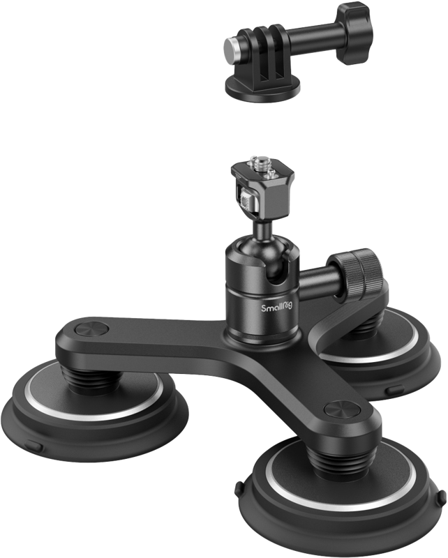 SmallRig 4468 Triple Magnetic Suction Cup Mounting Support Kit for Action Cameras on musta, kolmijalkainen kiinnityssarja, jossa on imukupit, säädettävä varsi ja yläpuolella näkyvä irrotettava kiinnitysadapteri.