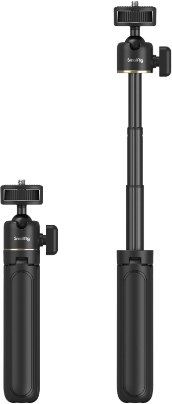 Kaksi SmallRig 4369 Smartphone Vlog Tripod Kit VK-50 Advanced Version kahvaa on esitetty vierekkäin - yksi kokoontaitettuna, toinen ulosvedettynä. Molemmissa on yläosassa kiinnityspäät ja sivussa lukitusnupit säädettävää pidennystä varten.