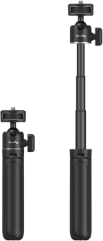 Kaksi mustaa SmallRig 4364 Smartphone Vlog Tripod Kit VK-20 Advanced Version selfie-keppiä on kuvassa vierekkäin; vasen on kokoontaitettuna, oikea on ulosvedettynä. Molemmissa on säätönupit ja kiinnitysruuvi päällä.