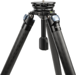 Close-up of a black carbon fibre tripod with adjustable feet, marked "Sirui RX-100A Adapter Bowl", with blue trigger mechanism and mounting plate at the top.