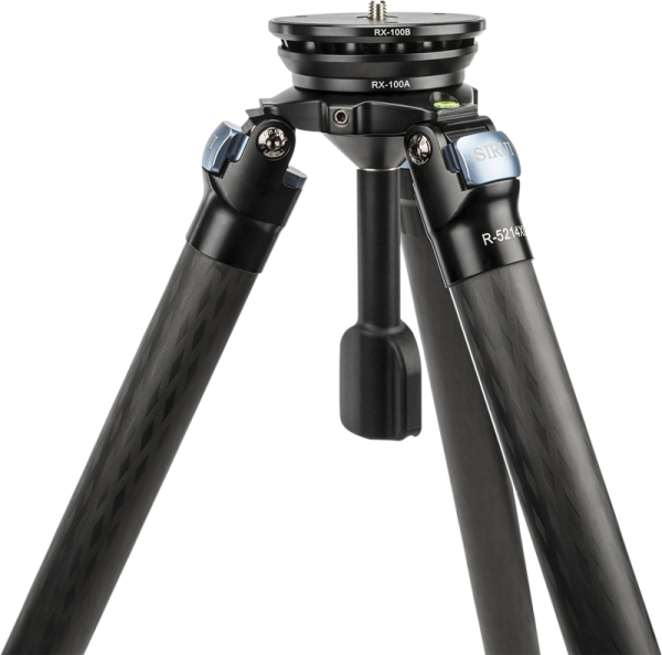 Close-up of a black carbon fibre tripod with adjustable feet, marked "Sirui RX-100A Adapter Bowl", with blue trigger mechanism and mounting plate at the top.