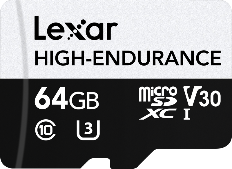 Lexar microSDXC High-Endurance UHS-I/U3/10 R100/W35 (V30) 64GB -muistikortti on mustavalkoinen ja siinä on logot, jotka kuvaavat luokan 10, U3 ja V30 nopeusluokituksia.